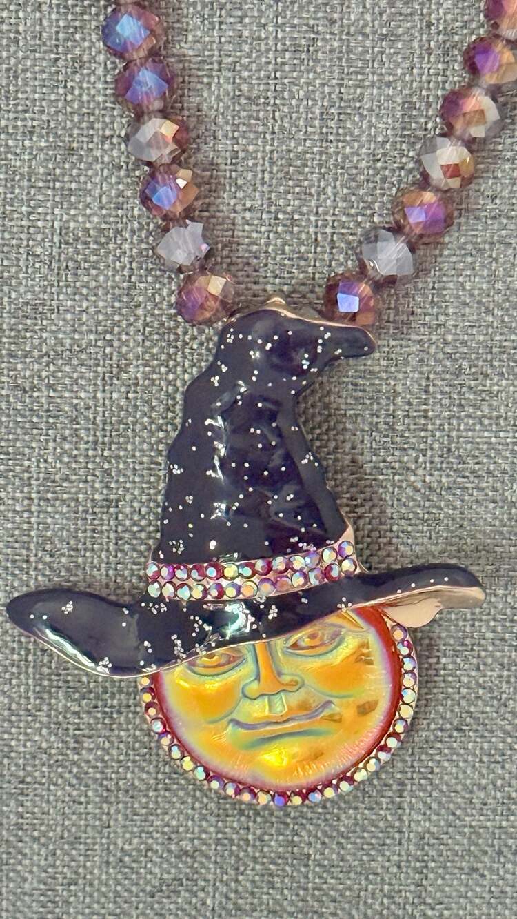 Celestial Moon Face Witch Hat Faceted Bead Necklace